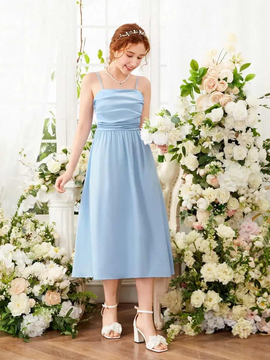 Vestido De Longitud Media Elegante Con Pliegues Para Niña - Imagen 6