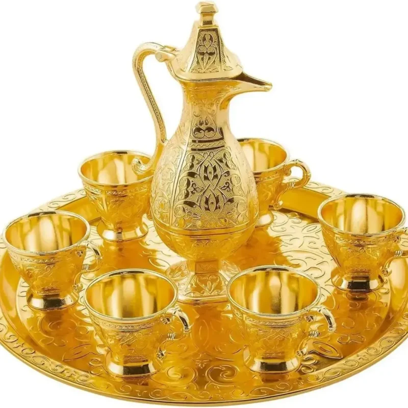 Set Juego De Cafe Turco Árabe Con 6 Tazas Y Bandeja - Dorado