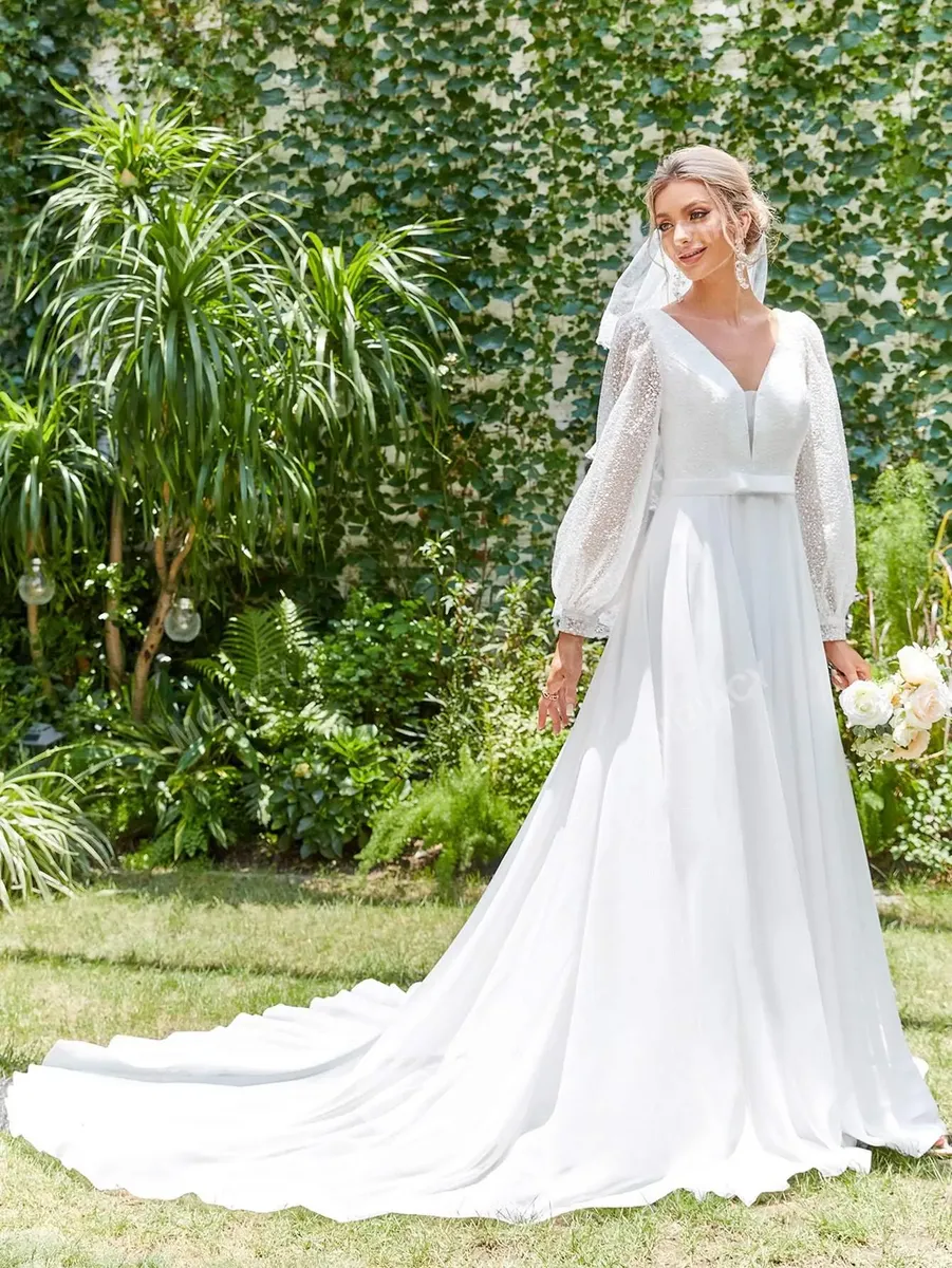 Vestido De Novia De Malla En Contraste Escote V De Manga - Imagen 2