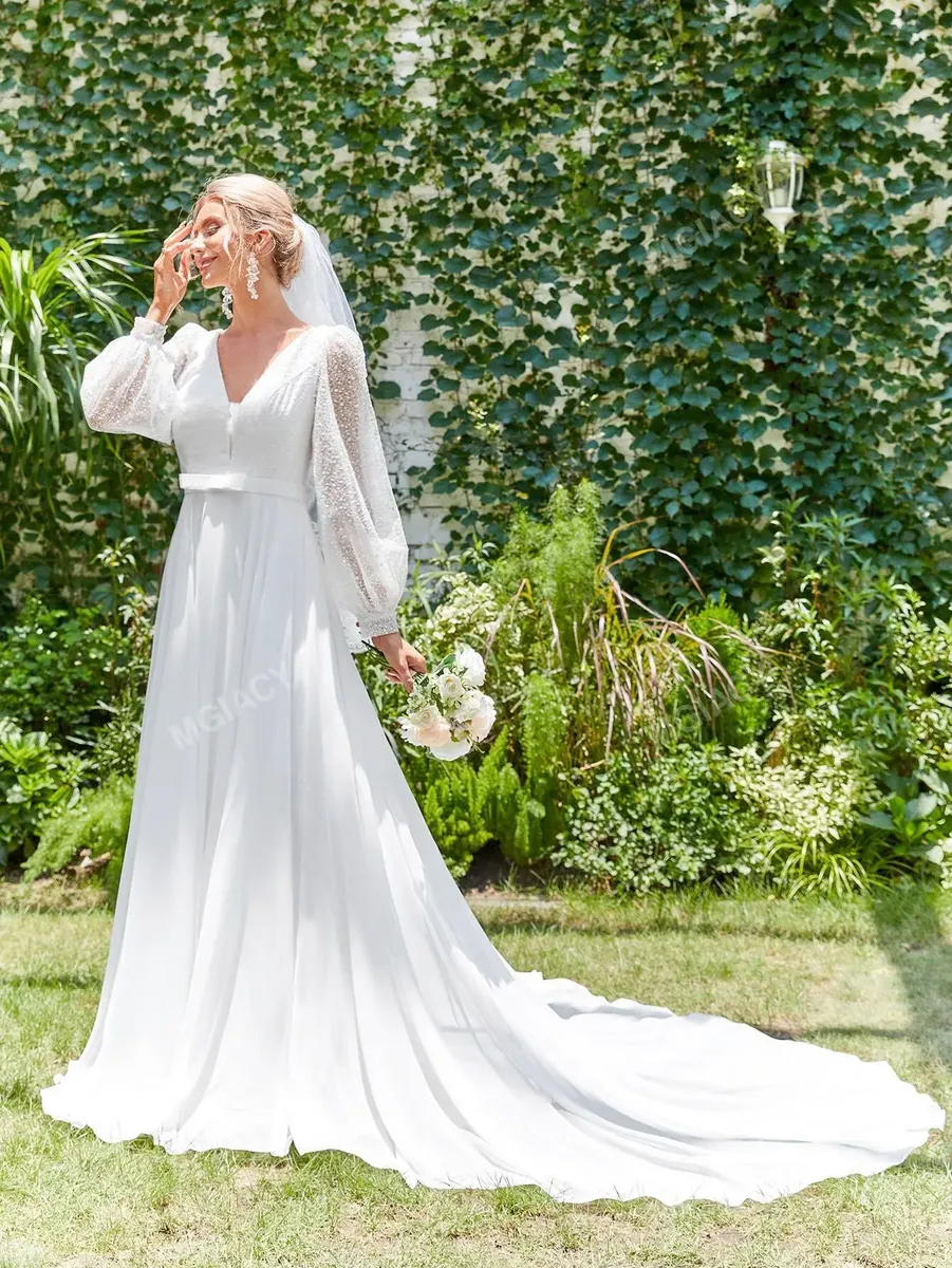 Vestido De Novia De Malla En Contraste Escote V De Manga - Imagen 5