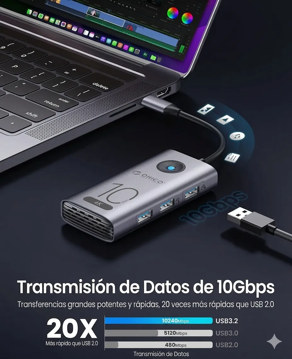 Hub USB-C Orico De 10 Gbps Con HDMI 4K 100W PD Estación 6 En 1 Para Laptop - Imagen 3