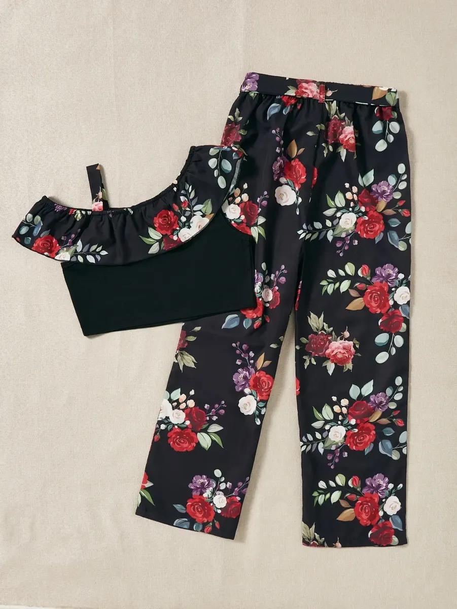 Top Y Pantalón Con Estampado Floral Con Volantes Para Niñas - Imagen 6