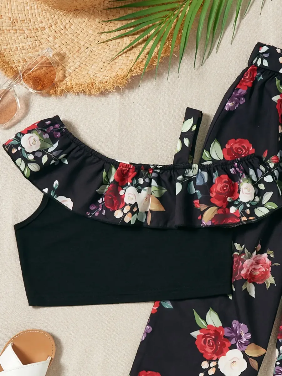 Top Y Pantalón Con Estampado Floral Con Volantes Para Niñas - Imagen 3