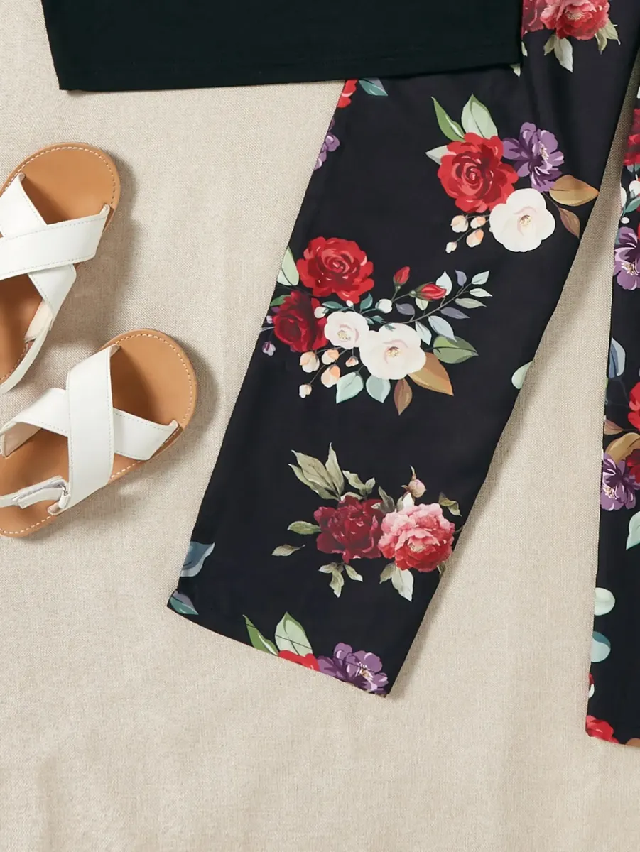 Top Y Pantalón Con Estampado Floral Con Volantes Para Niñas - Imagen 5