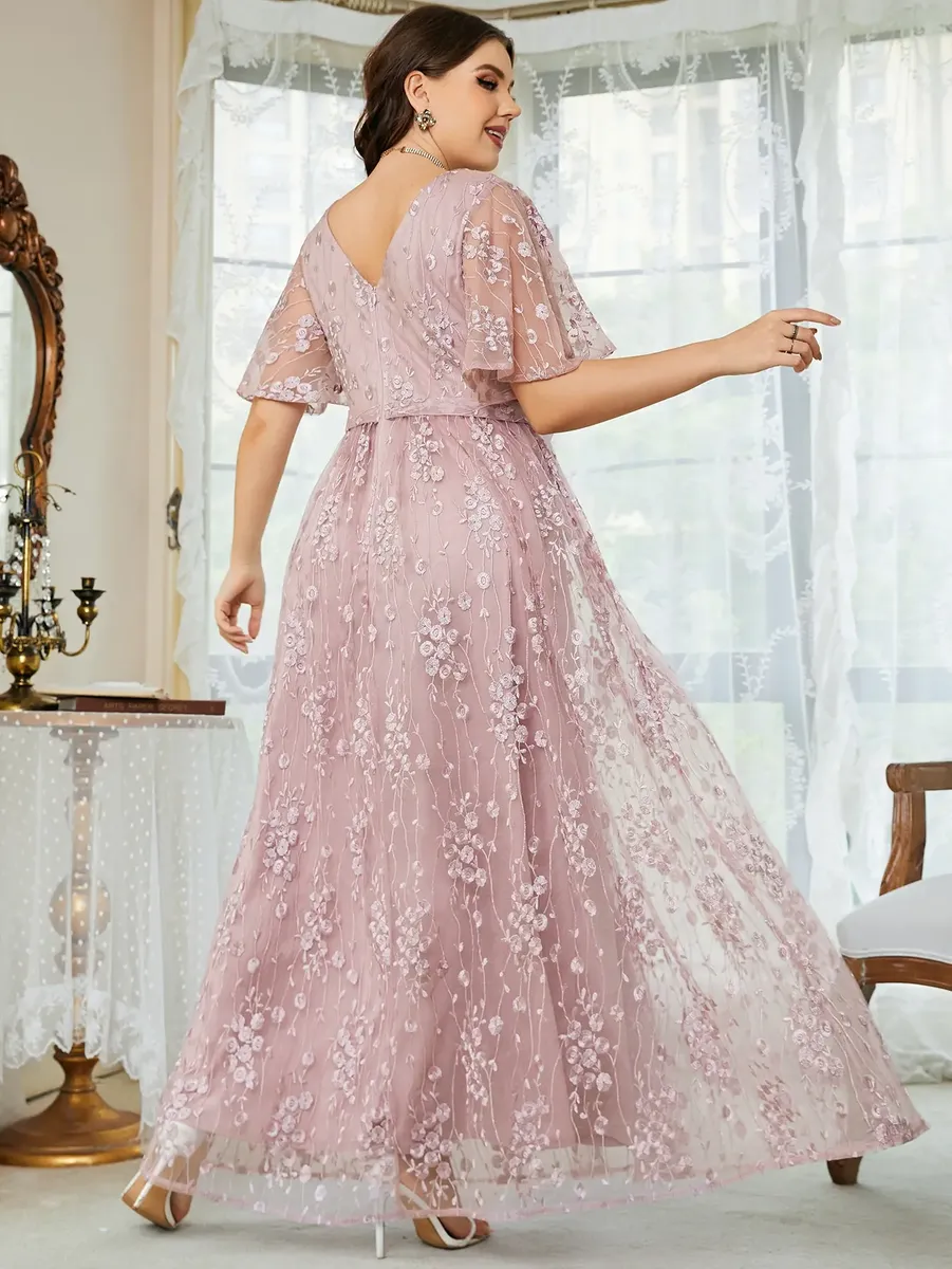 Vestido De Dama De Honor Con Bordado Floral De Manga Malla - Imagen 3