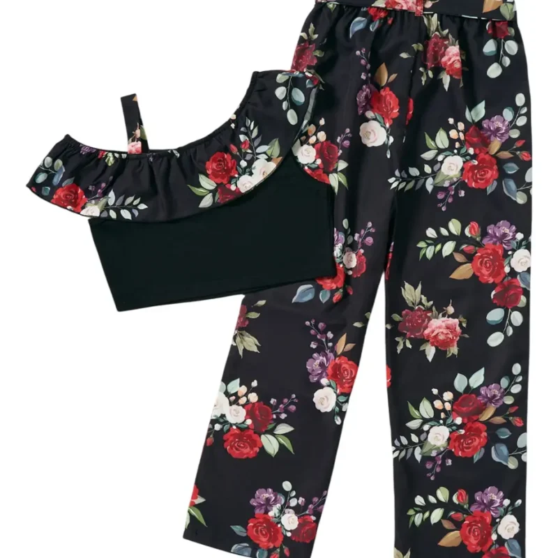 Top Y Pantalón Con Estampado Floral Con Volantes Para Niñas