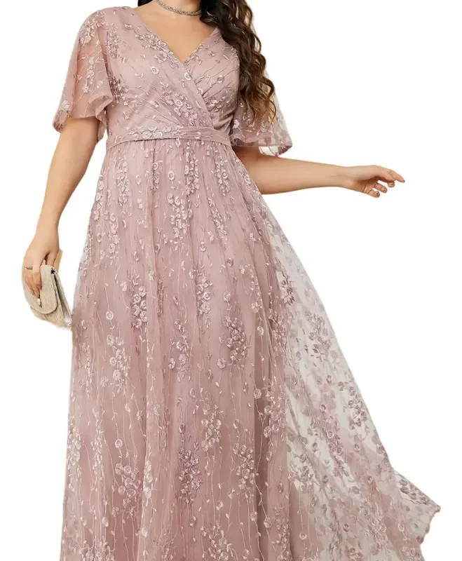 Vestido De Dama De Honor Con Bordado Floral De Manga Malla