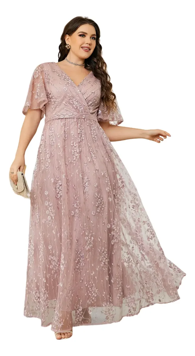 Vestido De Dama De Honor Con Bordado Floral De Manga Malla