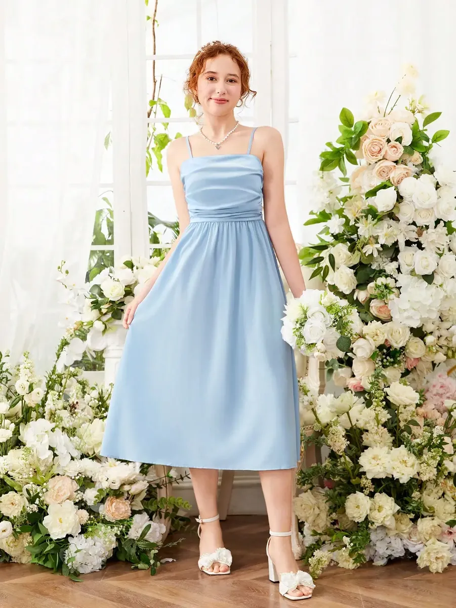 Vestido De Longitud Media Elegante Con Pliegues Para Niña - Imagen 4