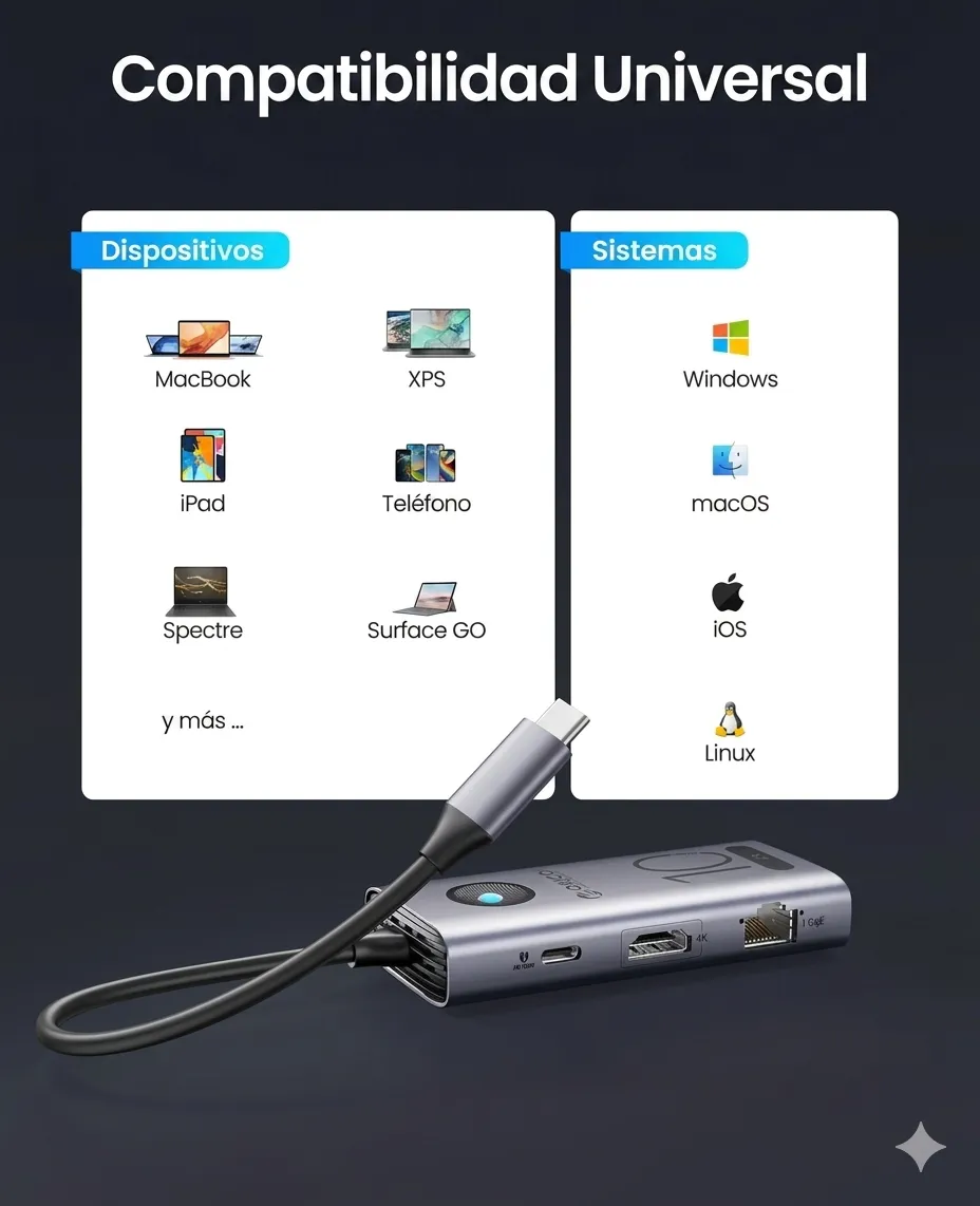 Hub USB-C Orico De 10 Gbps Con HDMI 4K 100W PD Estación 6 En 1 Para Laptop - Imagen 6