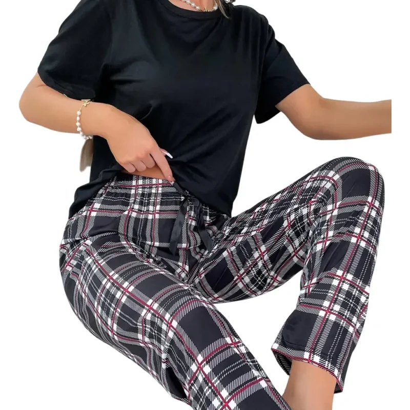 Conjunto De Pijama Con Nudo Delantero Estampado A Cuadros