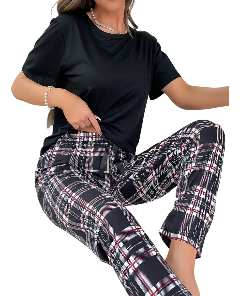 Conjunto De Pijama Con Nudo Delantero Estampado A Cuadros