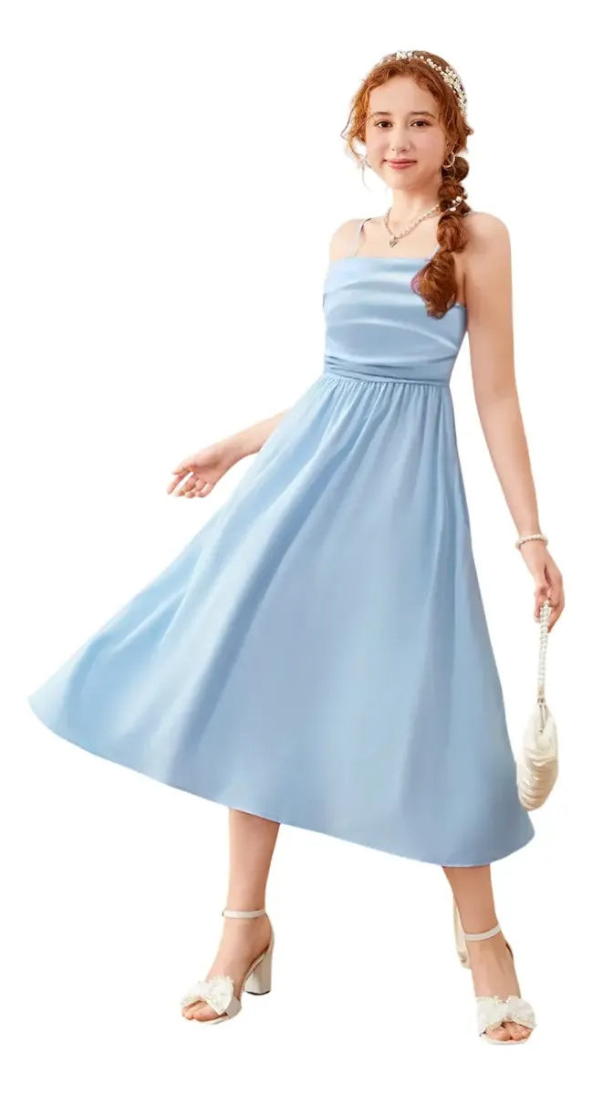 Vestido De Longitud Media Elegante Con Pliegues Para Niña