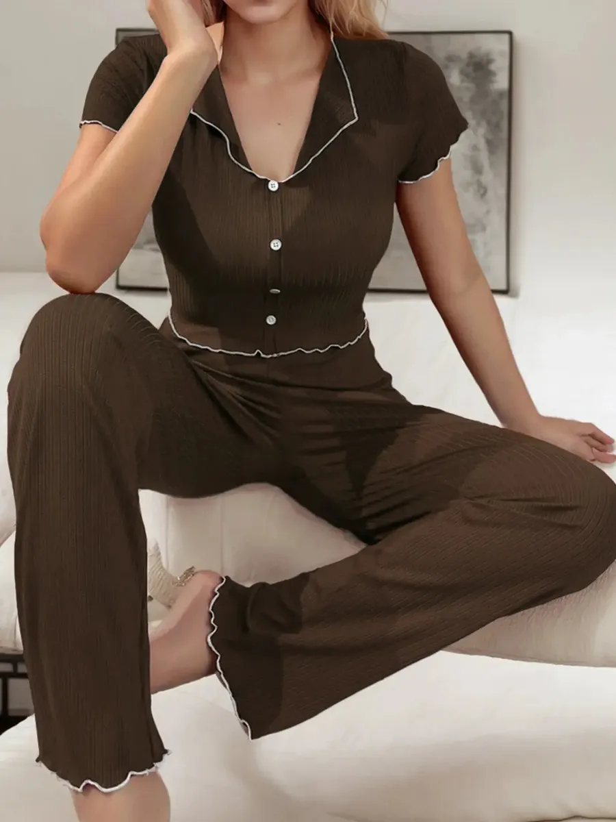 Conjunto Pijama De Manga Corta Lisa Con Solapas Y Pantalón - Imagen 2