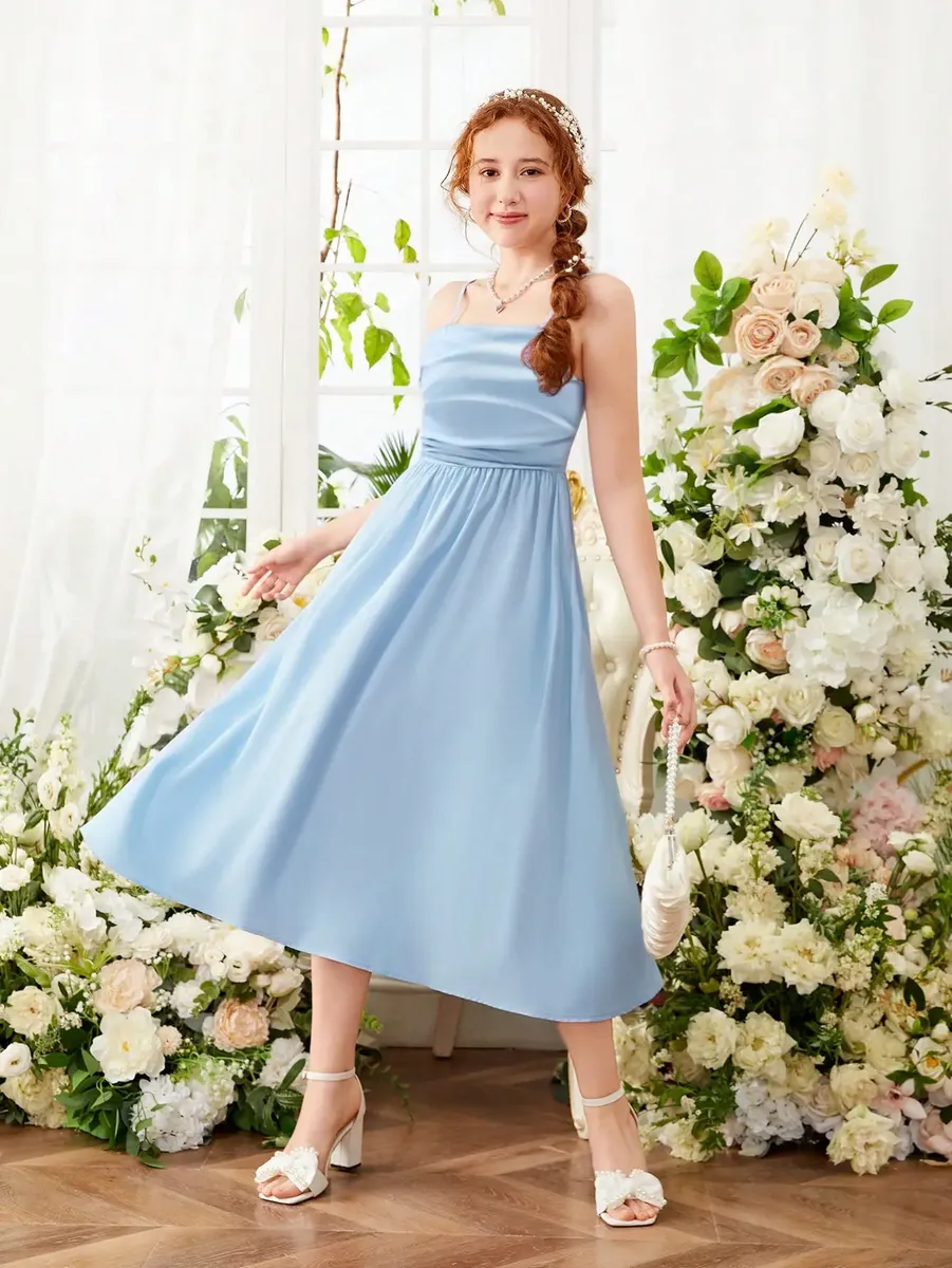 Vestido De Longitud Media Elegante Con Pliegues Para Niña - Imagen 7