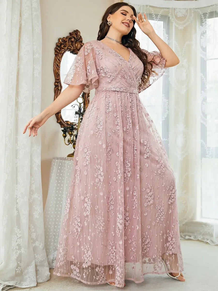 Vestido De Dama De Honor Con Bordado Floral De Manga Malla - Imagen 7