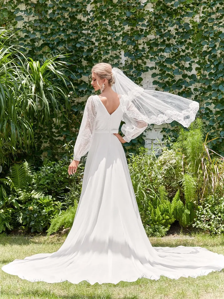 Vestido De Novia De Malla En Contraste Escote V De Manga - Imagen 3