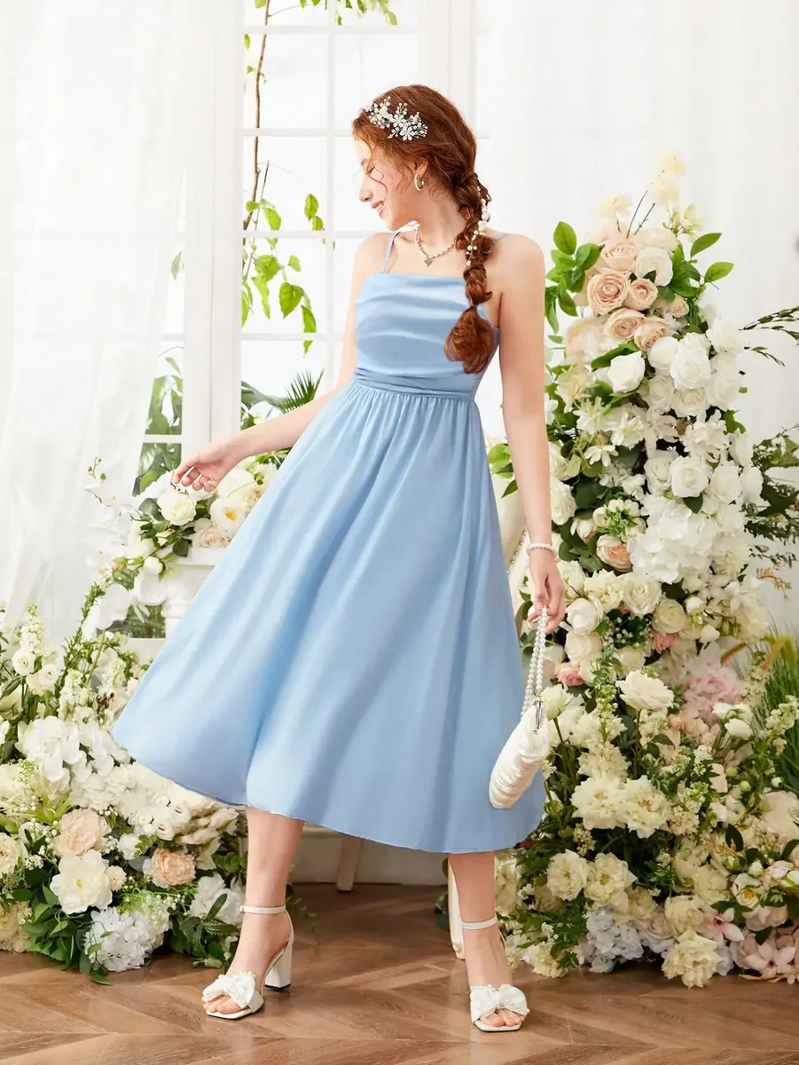 Vestido De Longitud Media Elegante Con Pliegues Para Niña - Imagen 2